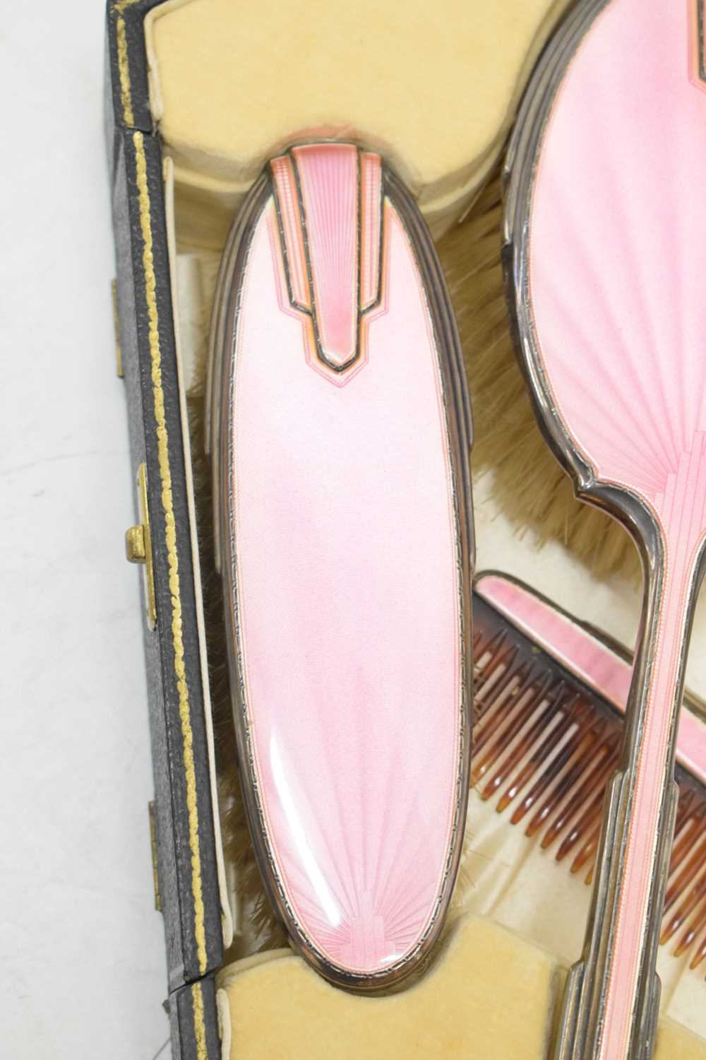 George VI Art Deco silver and pink enamel six-piece dressing table set - Image 2 of 10