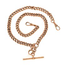 9ct gold curb link Albert watch chain with T-bar