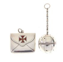 Edward VII silver and enamel stamp case, and white a metal 'pomander' (2)