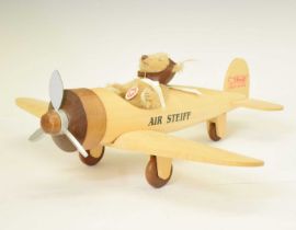 Steiff - Small 12cm high teddy bear pilot with wooden 'Air Steiff' model plane