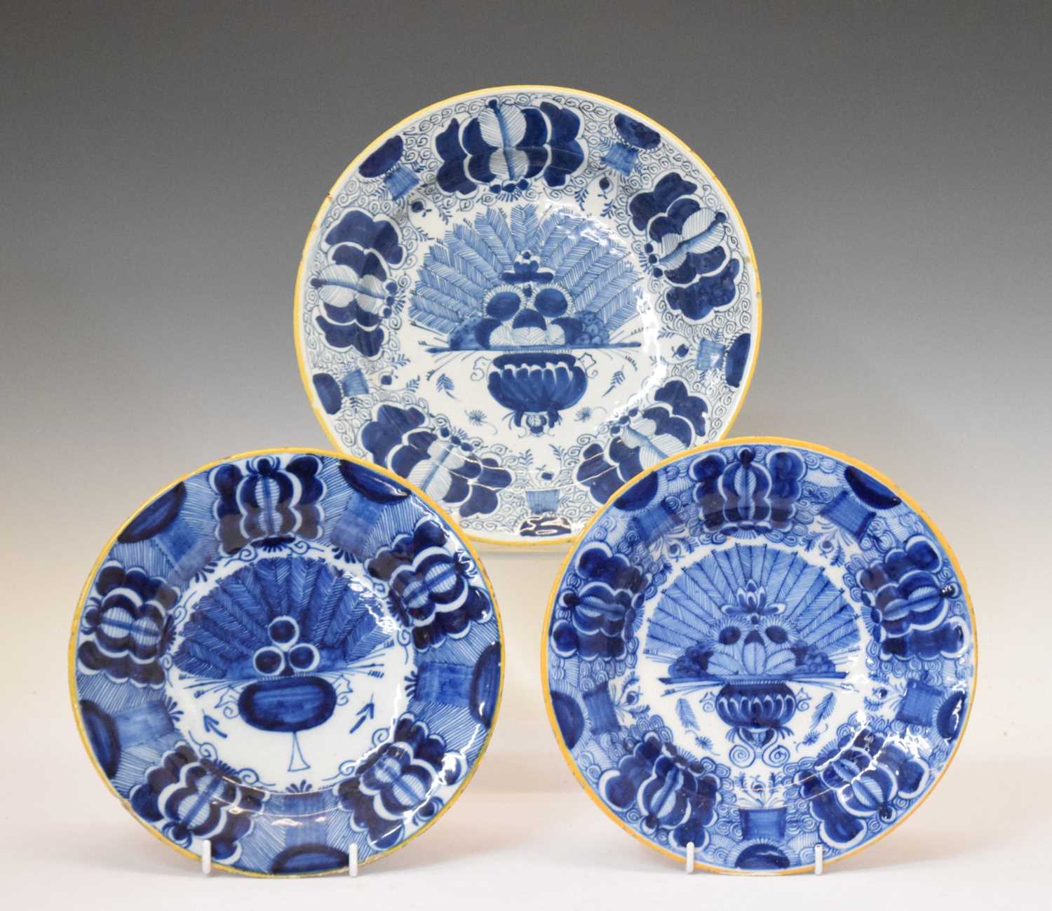 Three Dutch Delft 'Peacock Tail' plates