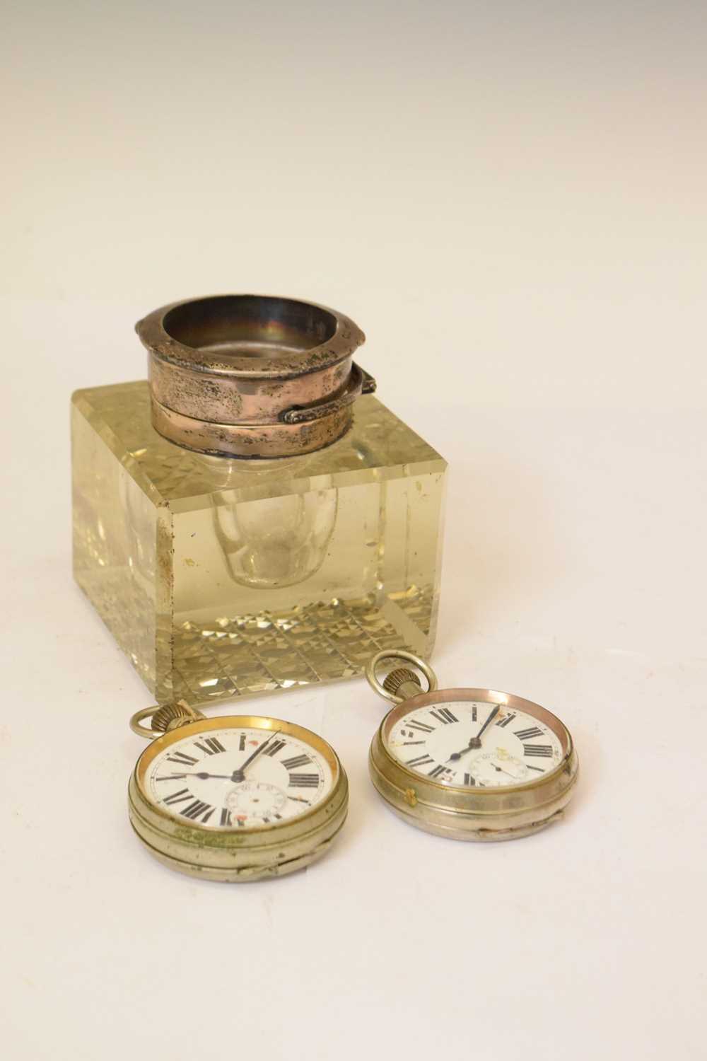 Edwardian silver mounted glass inkwell, and two 'Goliath' style pocket watches - Image 2 of 11