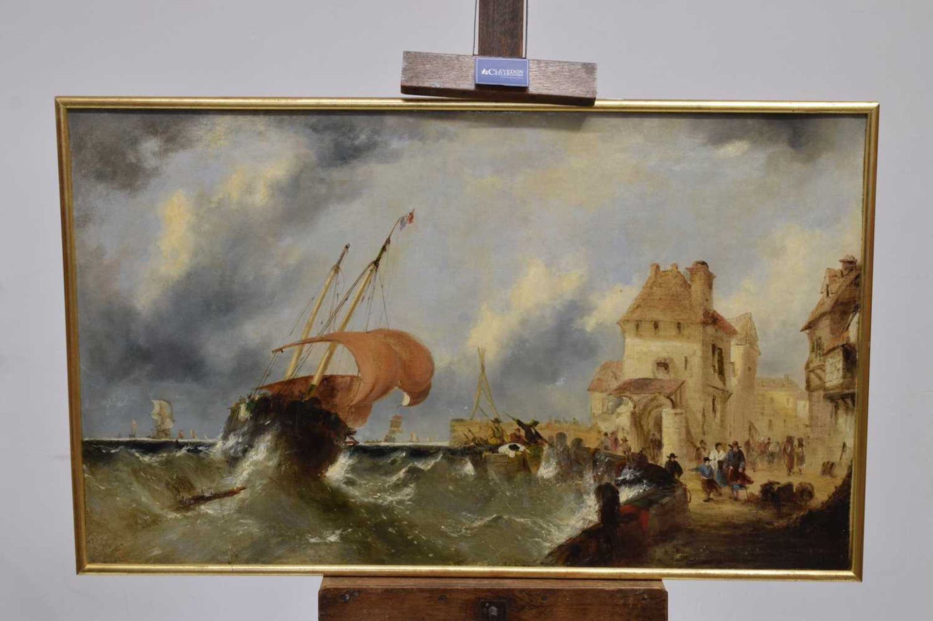 19th century continental school - Oil on canvas - Ship in a stormy coastal port - Image 2 of 19