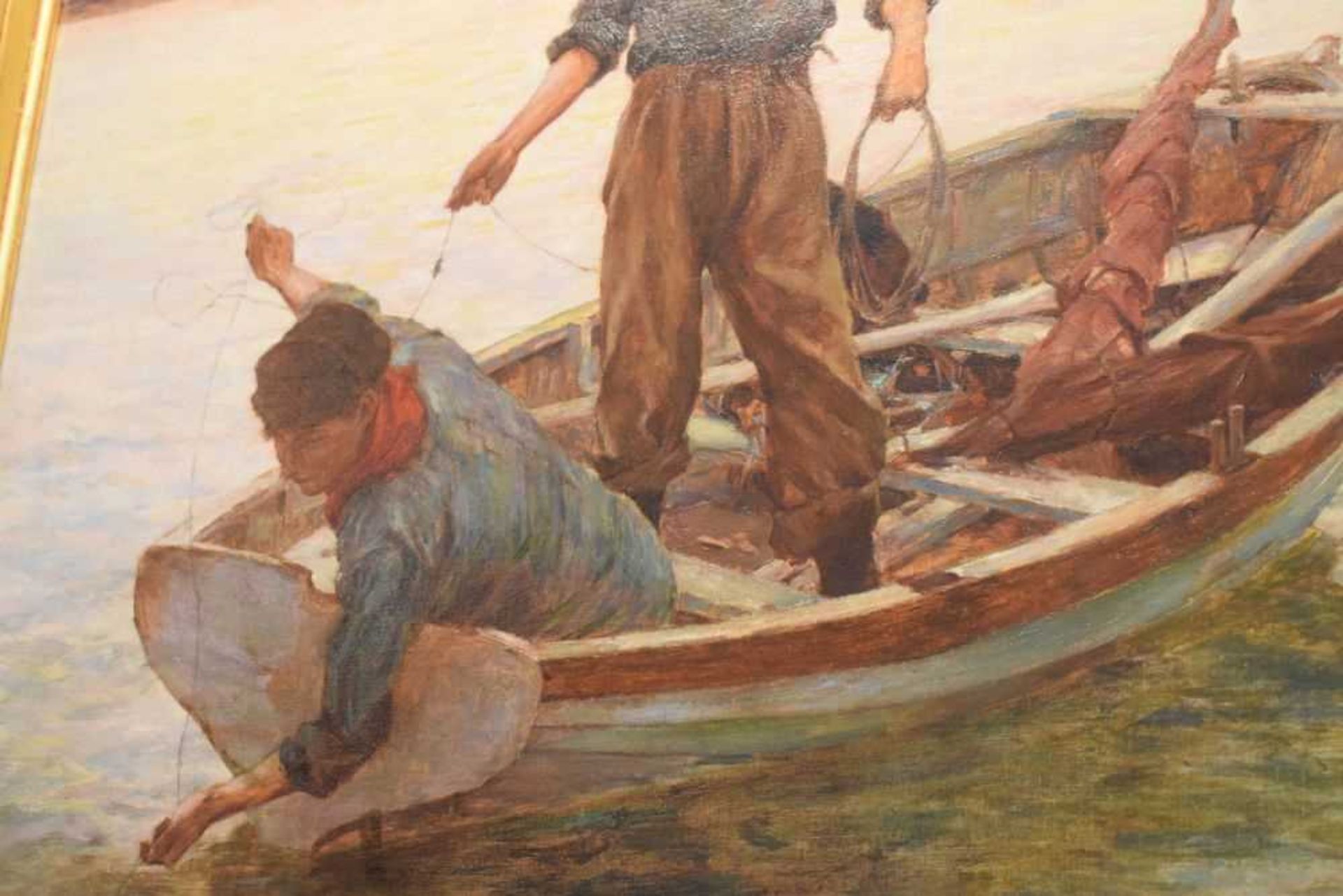 Newlyn School - Oil on canvas - Two line fishermen in a rowing boat - Image 4 of 11