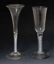 Two opaque twist stem wine or cordial glasses