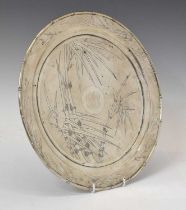 Chinese export white-metal salver with engraved bamboo decoration