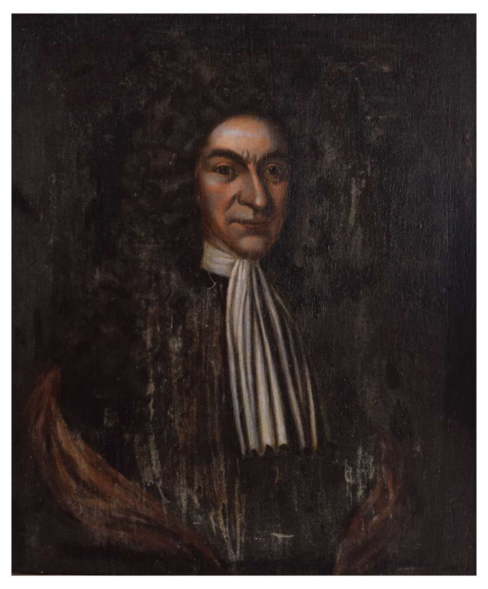 18th century oil on canvas - Portrait of a man in a wig with long fluted jabot, circa 1760