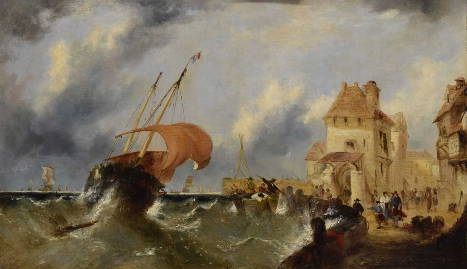 19th century continental school - Oil on canvas - Ship in a stormy coastal port