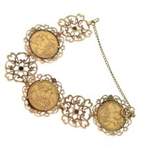 9ct gold bracelet, mounted with three gold sovereigns