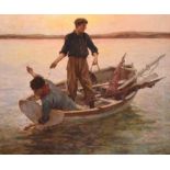 Newlyn School - Oil on canvas - Two line fishermen in a rowing boat