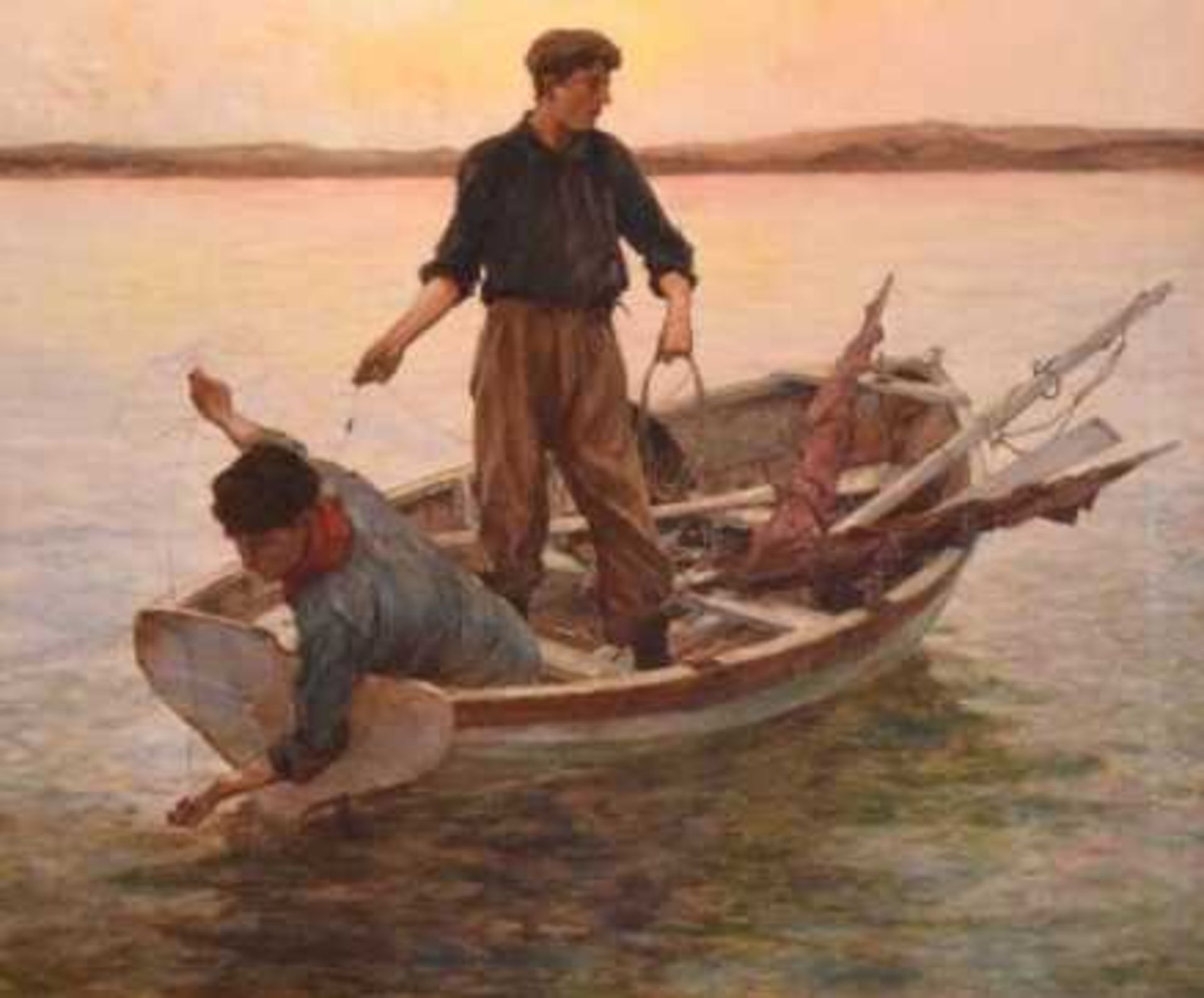 Newlyn School - Oil on canvas - Two line fishermen in a rowing boat