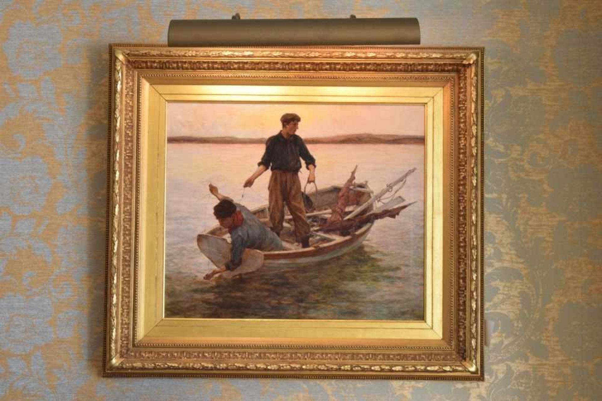 Newlyn School - Oil on canvas - Two line fishermen in a rowing boat - Image 8 of 11