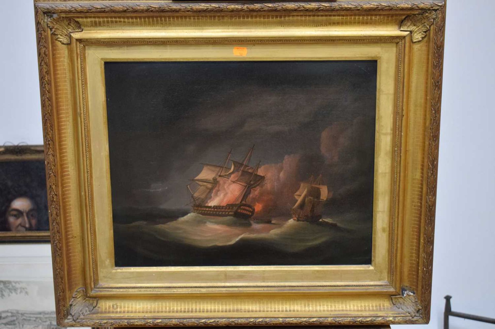 Thomas Buttersworth (1768-1828) – Oil on canvas - Seascape with man-o’-war on fire - Image 2 of 14