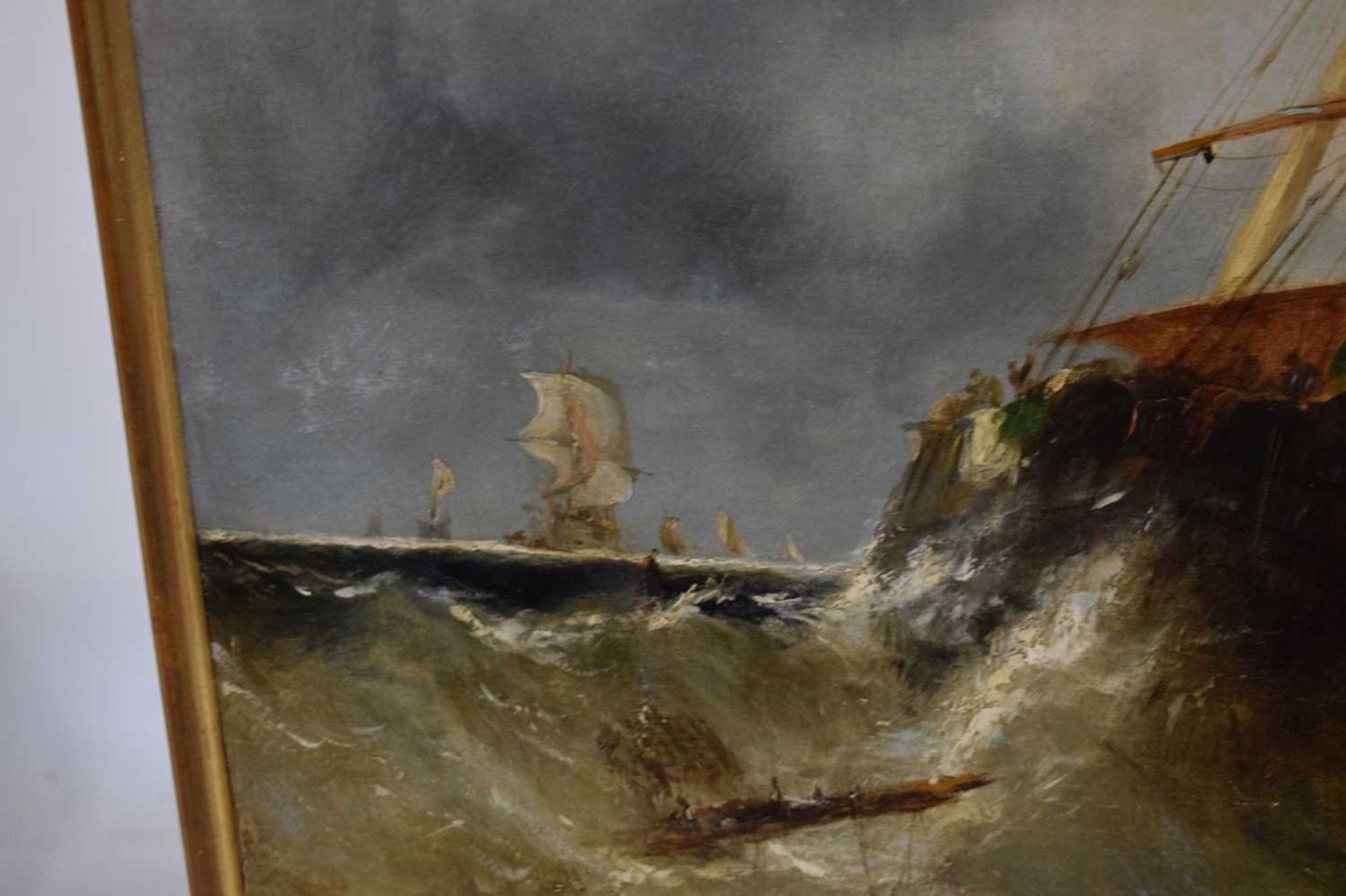 19th century continental school - Oil on canvas - Ship in a stormy coastal port - Image 11 of 19