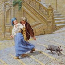 Frank William Warwick Topham (1838-1924) - Oil on board - 'This Little Pig Went To Market'
