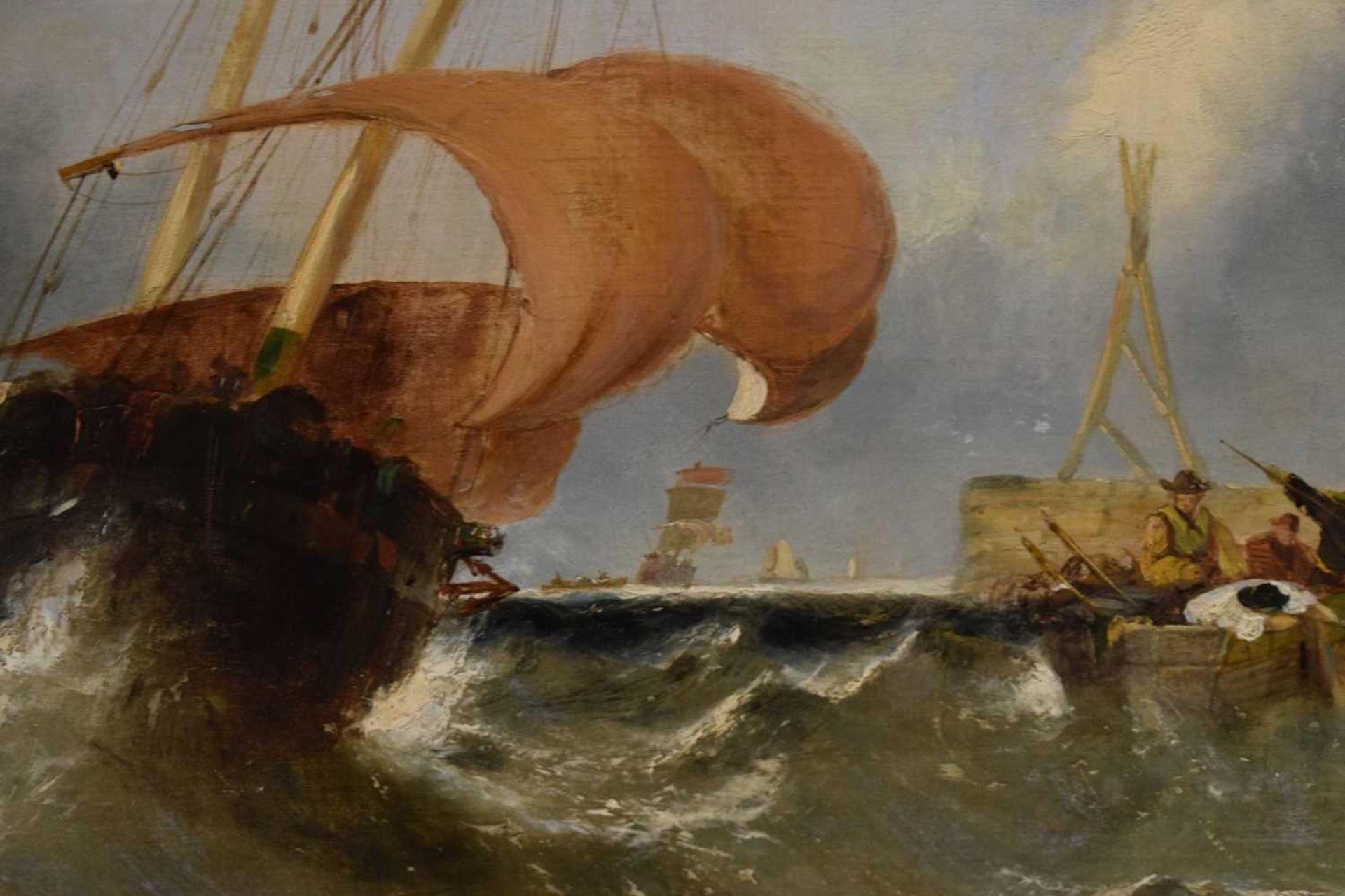 19th century continental school - Oil on canvas - Ship in a stormy coastal port - Image 12 of 19