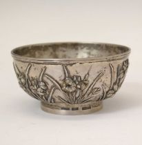 Late 19th/early 20th century Chinese export white-metal bowl of circular form decorated with iris