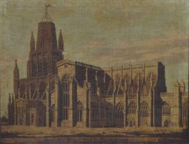 19th century over painted print on canvas - 'South East View of Redcliffe Church, Bristol'