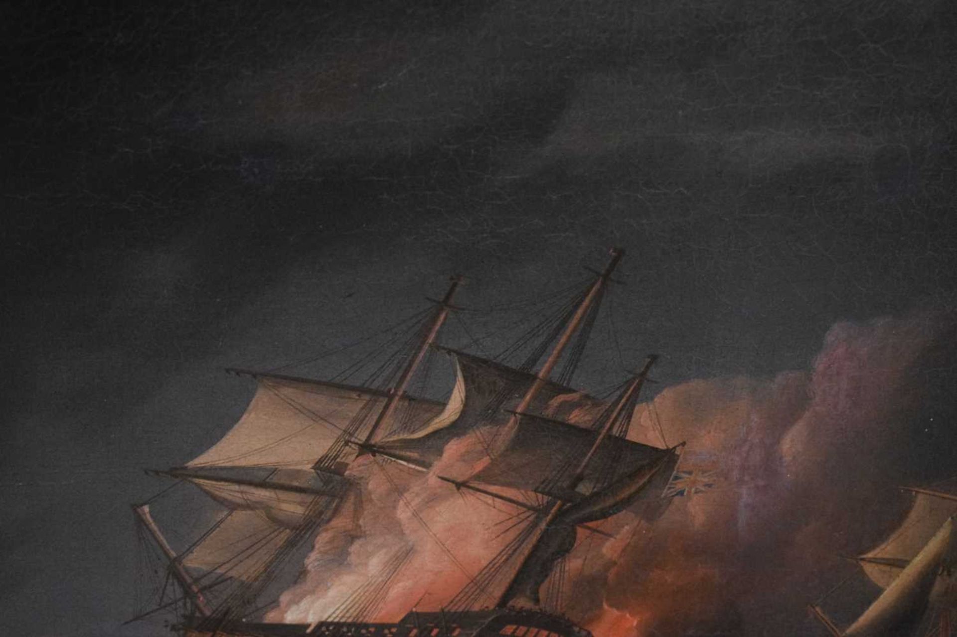 Thomas Buttersworth (1768-1828) – Oil on canvas - Seascape with man-o’-war on fire - Image 7 of 14
