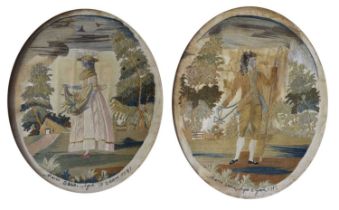 Pair late 18th century oval silk work pictures of a lady and a gentleman, 1797