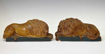 Pair of late 19th century painted terracotta 'Chatsworth Lions'