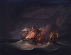 Thomas Buttersworth (1768-1828) – Oil on canvas - Seascape with man-o’-war on fire