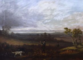 19th century British School – Oil on canvas - Sportsman with three retrievers