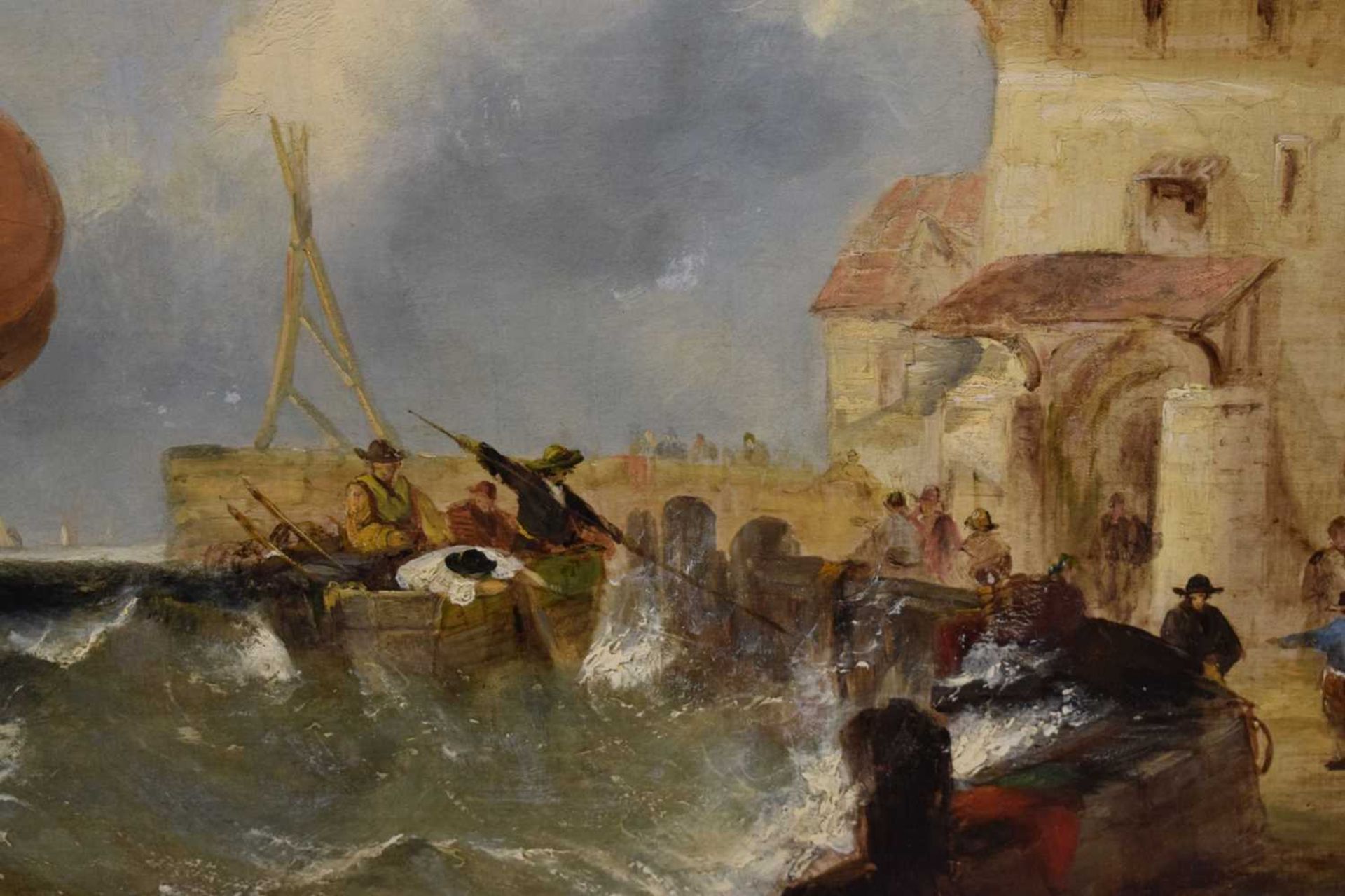 19th century continental school - Oil on canvas - Ship in a stormy coastal port - Image 13 of 19