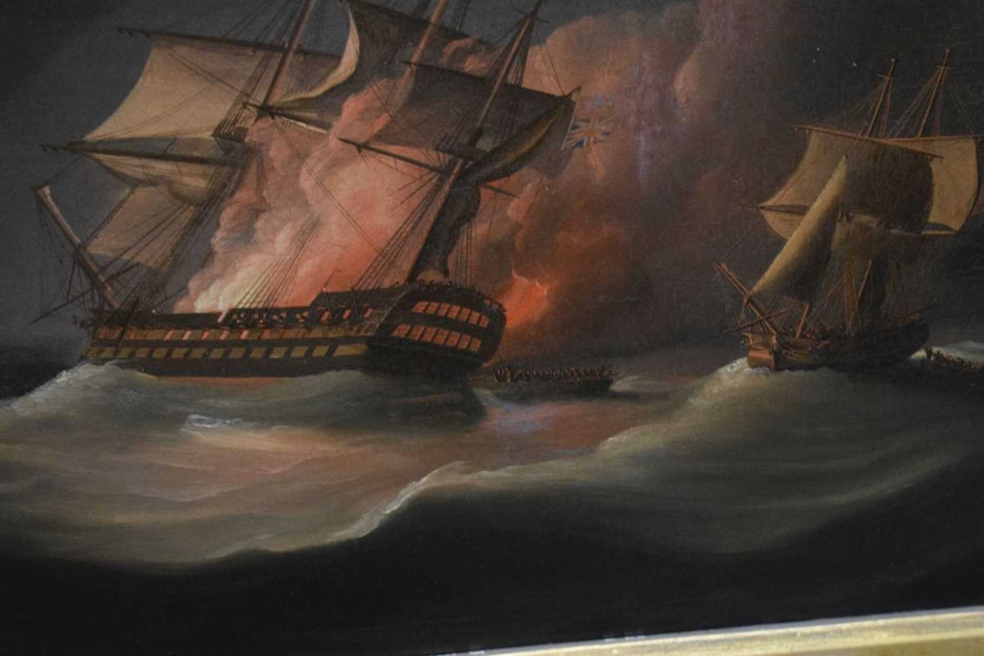 Thomas Buttersworth (1768-1828) – Oil on canvas - Seascape with man-o’-war on fire - Image 10 of 14