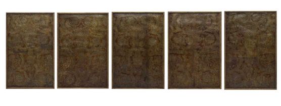 Five embossed and painted leather rectangular wall panels, probably Netherlands, circa 1700