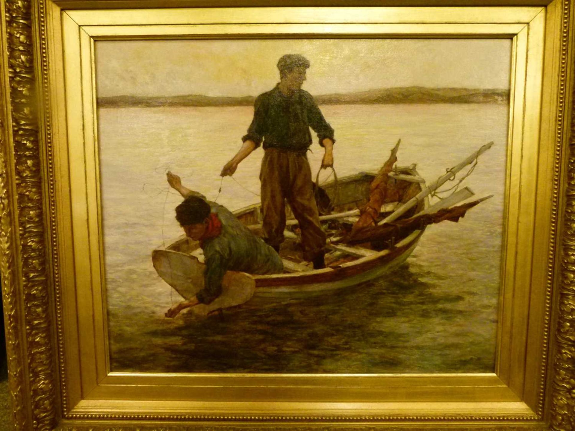 Newlyn School - Oil on canvas - Two line fishermen in a rowing boat - Image 11 of 11