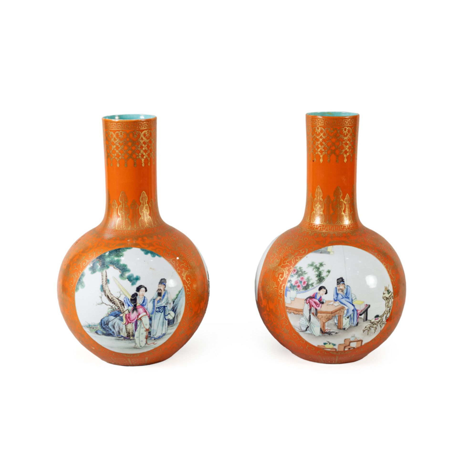 Pair of Tianqiuping polychrome porcelain vases