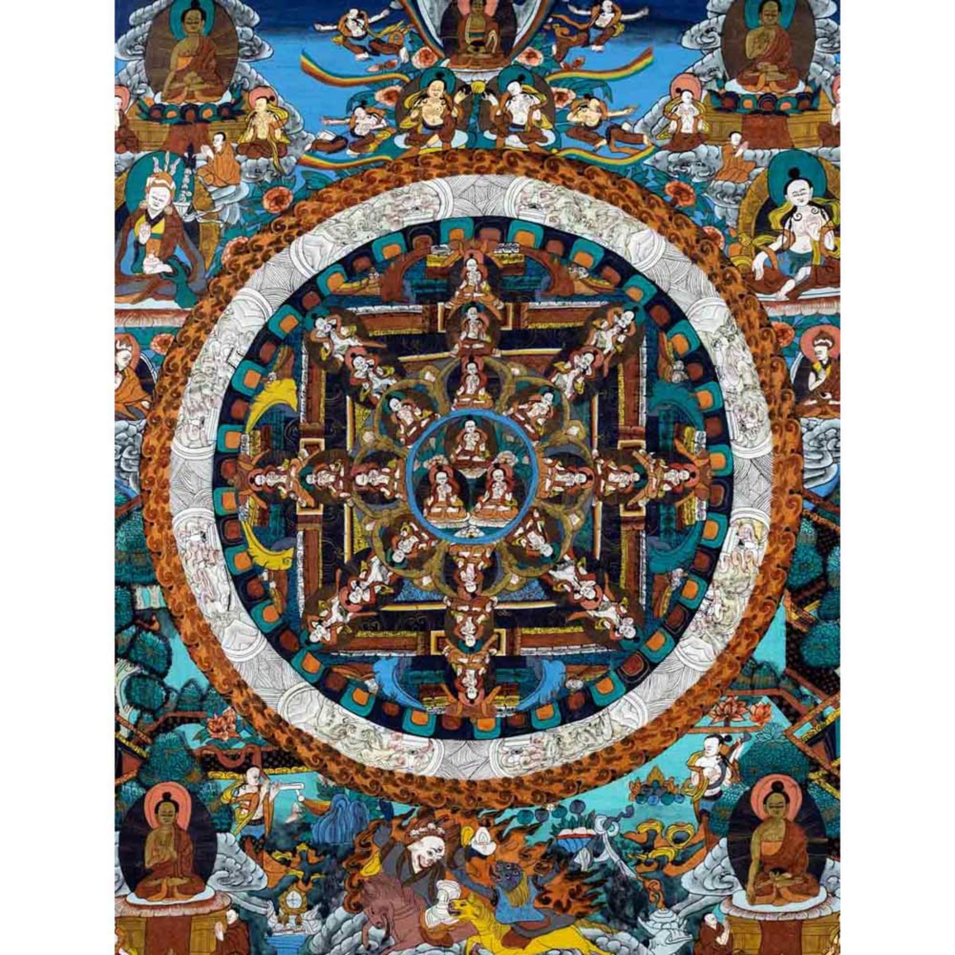 Thangka with central mandala on light blue background