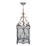 Gilt metal and porcelain three-light lantern