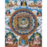 Thangka with central mandala on light blue background