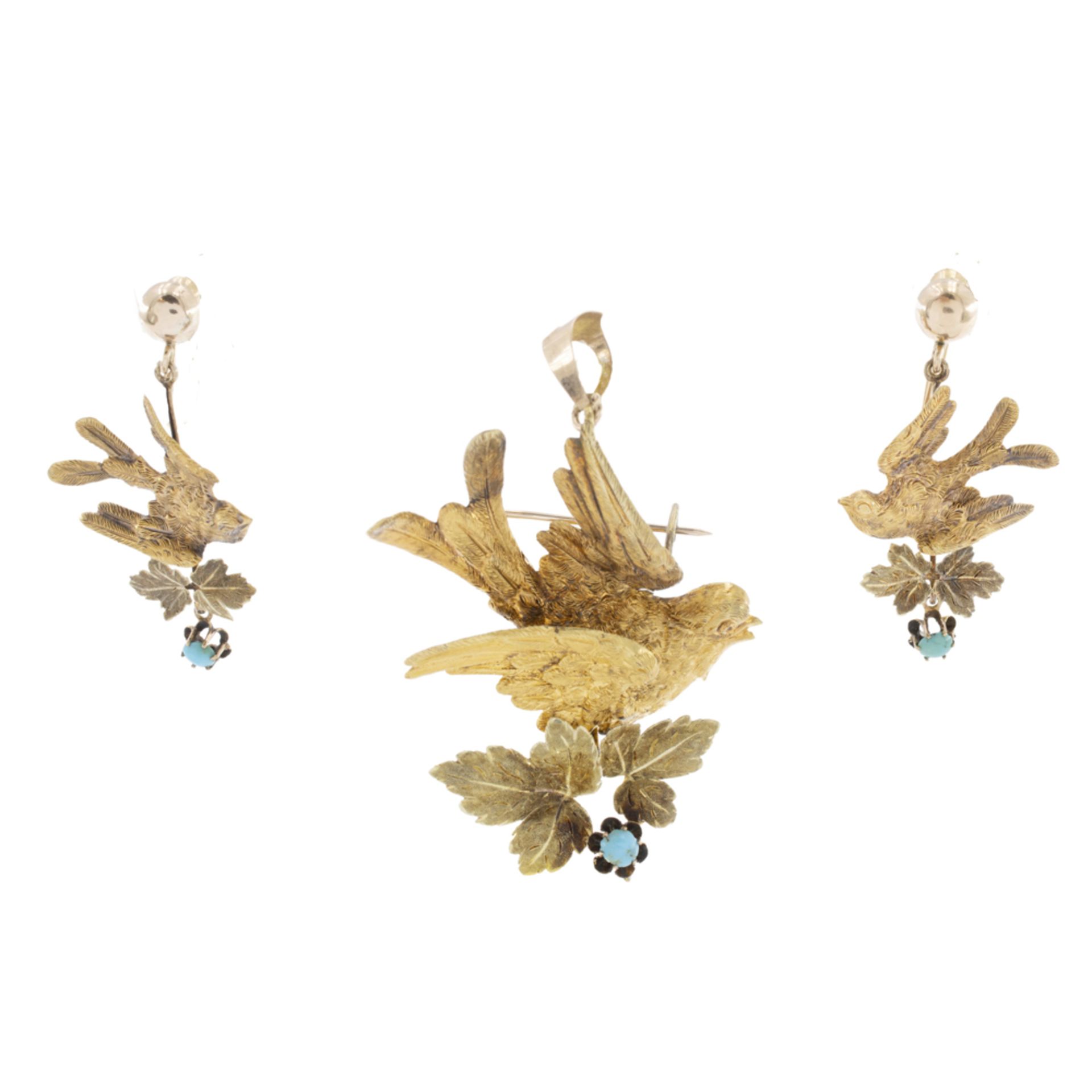 Antique 9kt yellow gold and turquoises dove parure