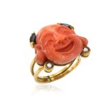 18kt yellow gold and coral Buddha ring