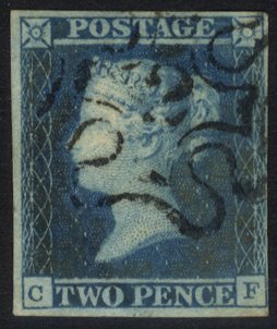 1841 2d blue Pl.3 CF, clear to good margins, fine strike of the Number 2 in Maltese Cross. Cat. £