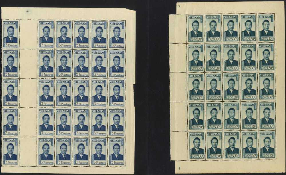 1951 Emperor Bao Dai defins - 3p blue UM marginal block of twenty-five (SG.69) & 30p blue green UM
