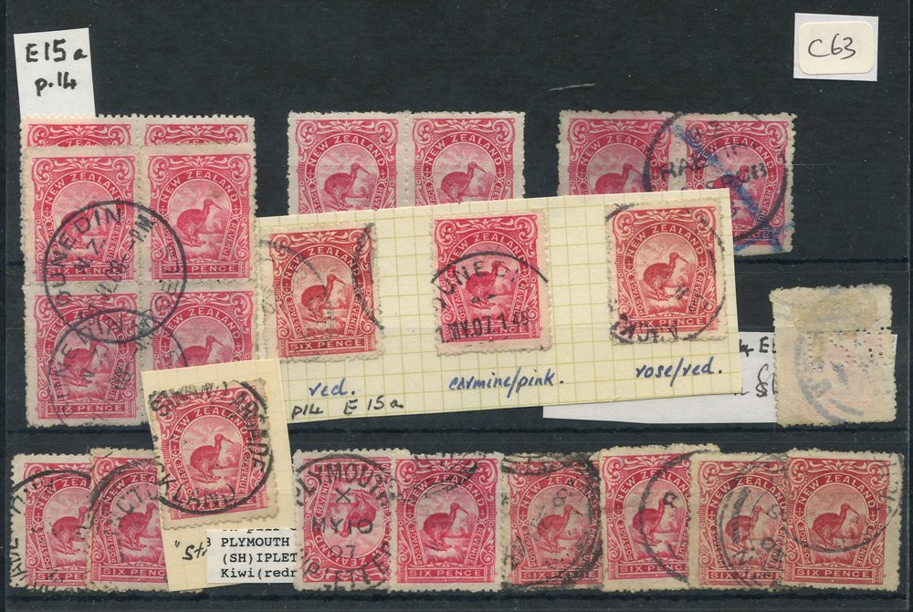 1907-08 6d Kiwi P.14 small accumulation with two M pairs, U block of four & pair, identified used