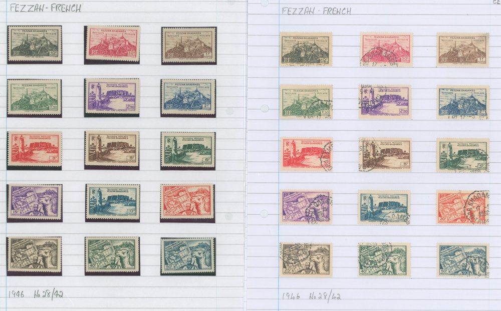 FEZZAN 1943-49 M & U collection incl. 1943 50c Ovpt U (SG.1 Cat. £80) 5fr on 50c M (SG.7 Cat. £