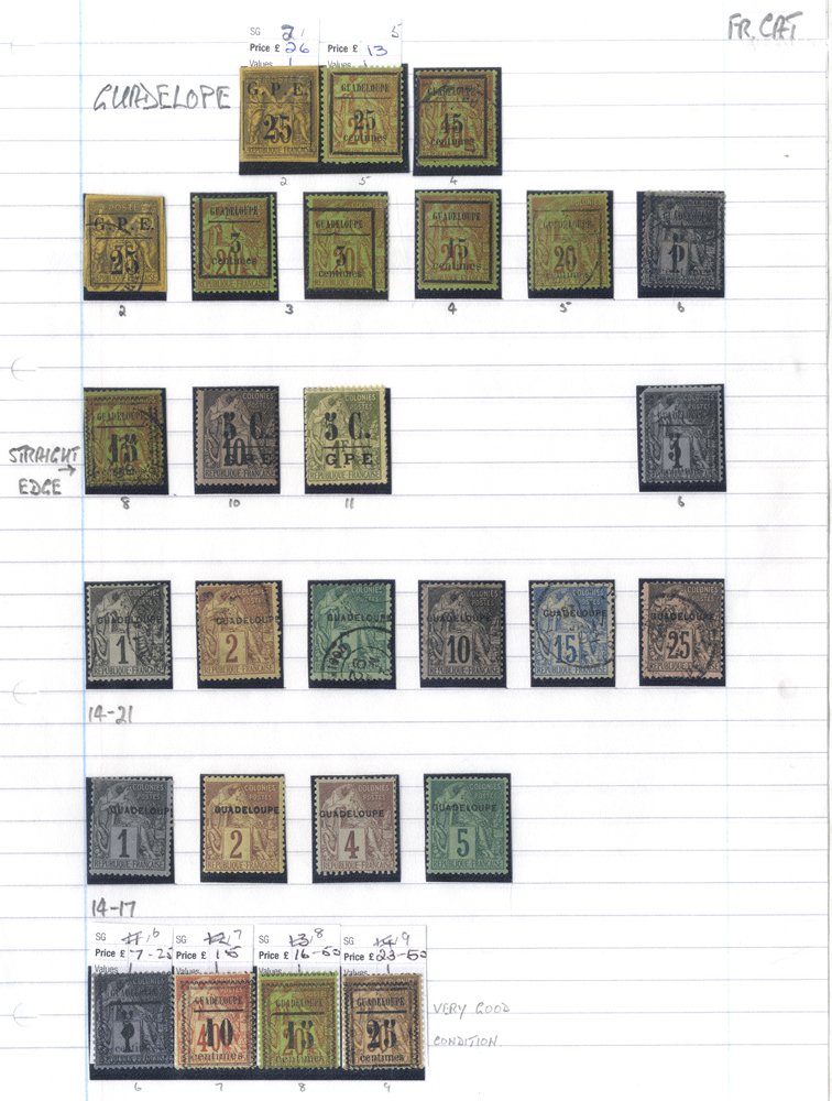 GUADELOUPE 1884-1946 M & U collection incl. 1884 Due 5c, 1884 25 on 35c M & U, 1889 Surcharges, 5c/