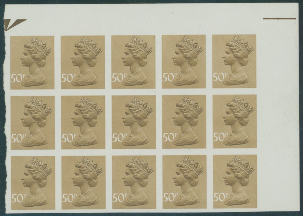 1980 50p ochre brown top right corner marginal block of fifteen, Imperf UM (7 pairs plus single),