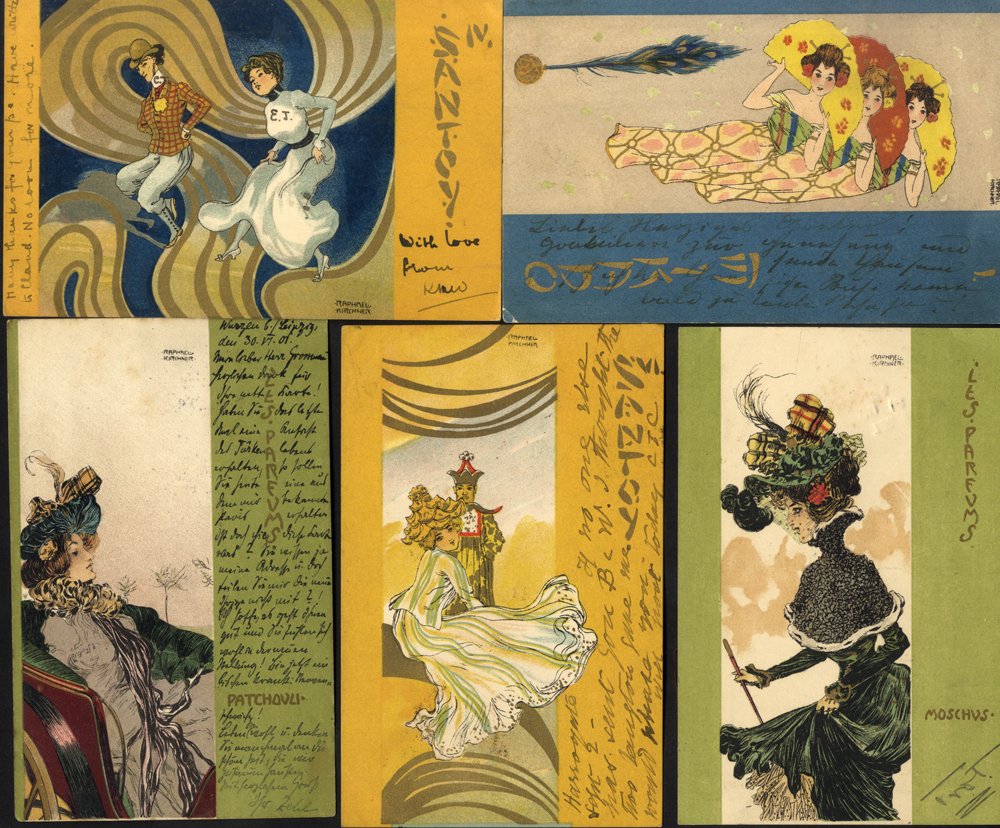 RAPHAEL KIRCHNER 1900-04 vintage art nouveau cards. See web images. (5)
