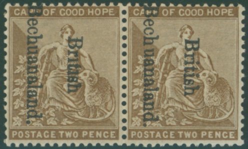 1883-85 2d bistre in a horizontal pair, one of which bears the 'no dots to i of British' variety, UM