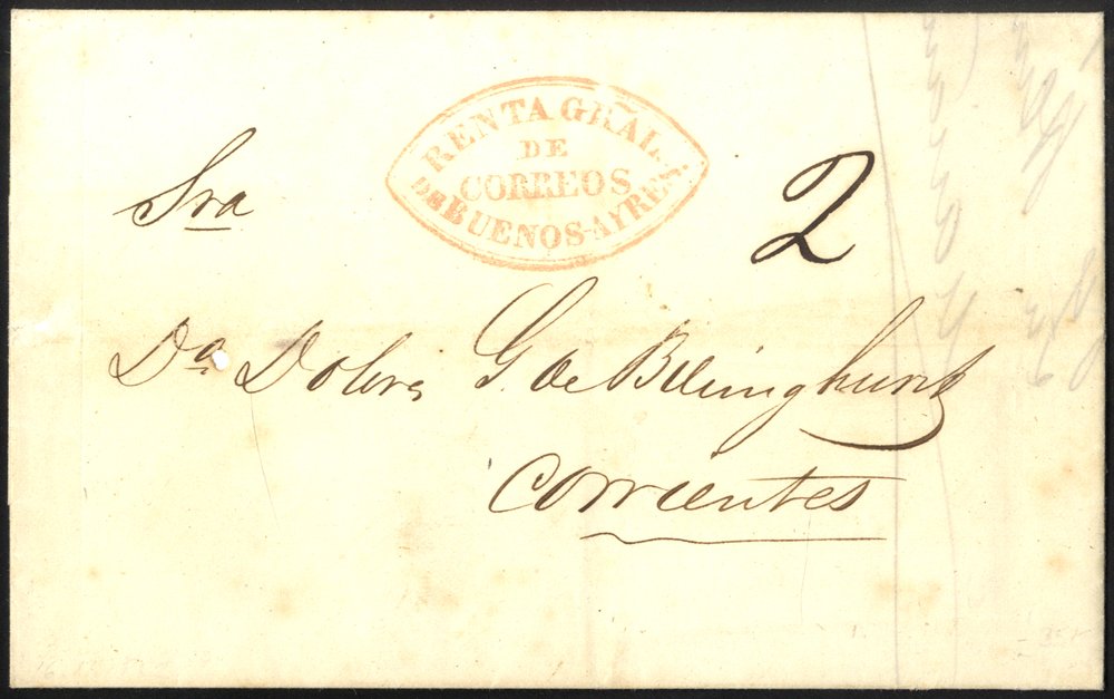 1852 rather fragile folded entire with 'RENTAGRAL/DE/CORREOS/DE BUENOS-AYRES' in red, rated '2'. (