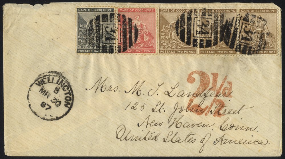 1887 (30 Mar) envelope from Wellington to Connecticut, bearing ½d, 1d & 2d strip of three, all