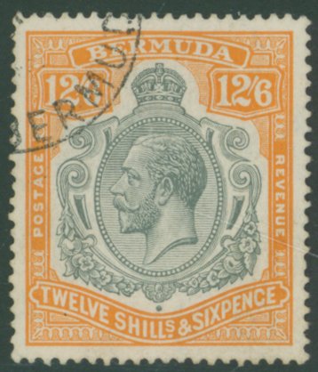 1924-32 MSCA 12/6d grey & orange showing the 'break in scrolls at right' variety, VFU but with a