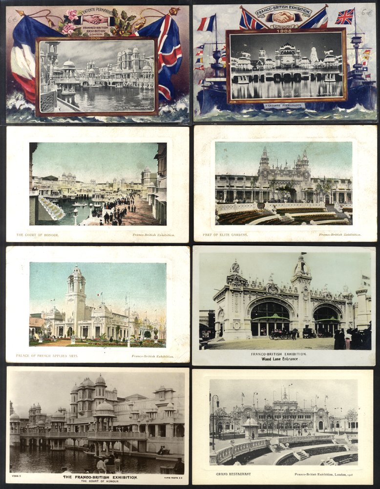 FRANCO BRITISH EXHIBITION London 1908 collection of PPC's (97) approx half are written up on leaves,