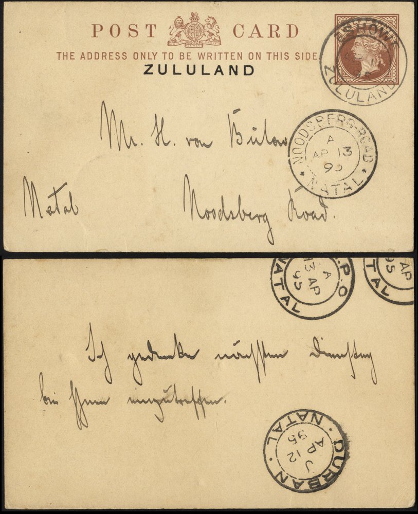 1895 (11 Apr) ½d stationery card to Noordsberg Road in Natal, cancelled by 'ESHOWE/ZULULAND'